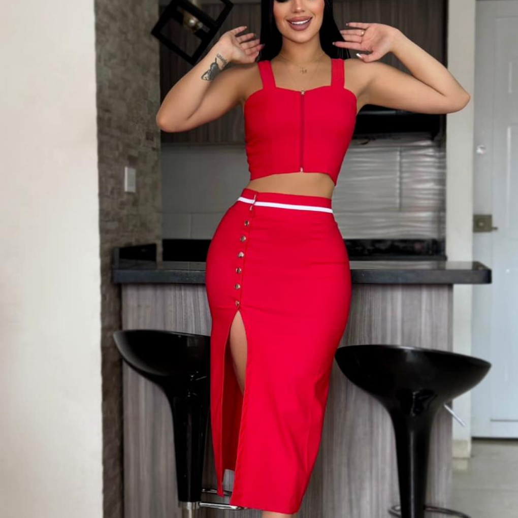 Model wearing red crop top with front zipper and high slit midi skirt with buttons summer matching sets for women