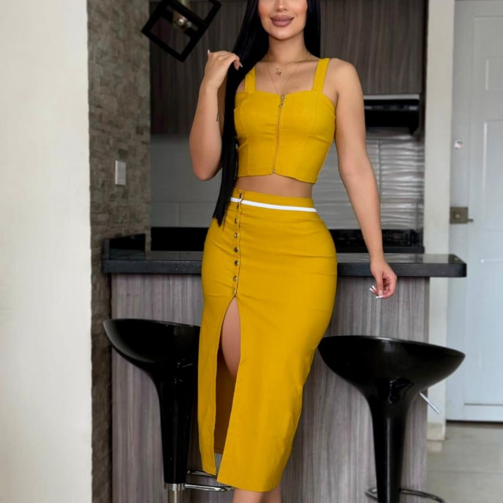 Mustard yellow zip front crop top and button slit midi skirt by Colombia Moda Online summer matching sets for women